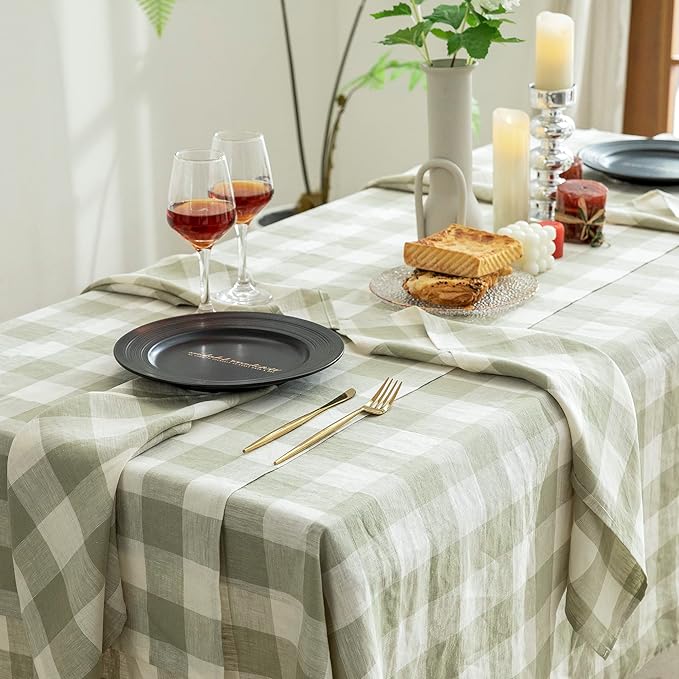 EVERLY 100% Yarn-Dyed Linen Rectangle Tablecloths 60x120Inches for Dining,Buffet Parties,Picnic,Events and Restaurants,Decorative Halloween,Thanksgiving Machine Washable Tablecloths-Sage Green Plaid