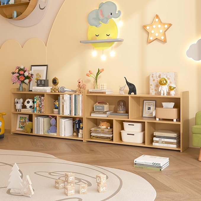 Book Shelf Set of 2, 5 Cubes Storage Organizer, Open Shelf Wooden Bookcase, Freestanding Log Bookshelf Cube Shelf for Bedroom, Living Room, Home Office