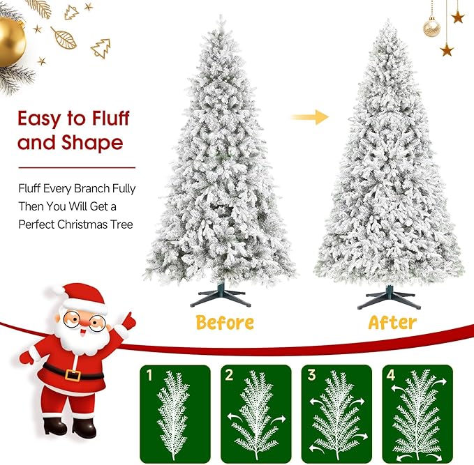 6.5ft Pre-Lit Snow Flocked Rotating Christmas Tree with 340 Multi-Color LED Lights, 1036 PE & PVC Tips - Realistic Artificial Tree for Holiday Decor