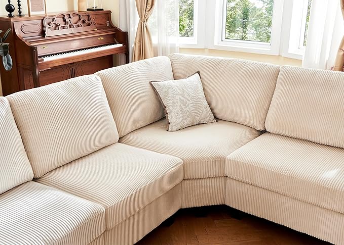 Nolany Sectional Sofa with Storage Ottoman, U Shape Sectional Couch Corduroy Modular Sectional Couches for Living Room, Beige