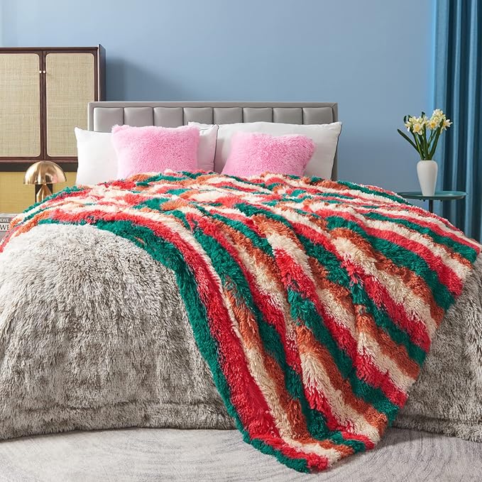 GONAAP Fuzzy Faux Fur Throw Blanket Stripe Red Brown Super Soft Cozy Plush Fuzzy Shaggy Blanket for Couch Sofa Bed (Stripe Red Brown, Throw(50"x60"))