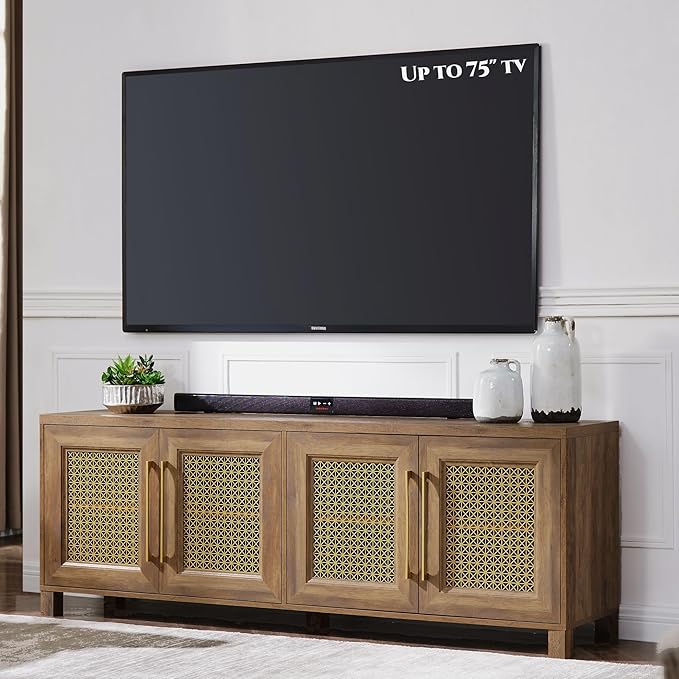 JYED Mid Century Modern TV Stand for TVs up to 75 Inch, with Hollow Metal Mesh Decorated，Boho TV Console with Storage Cabinet,Cable Holes, TV Stand for Living Room, 69.5"x15.6"x24.8", Rustic