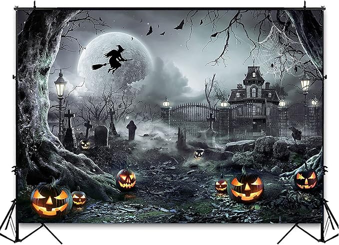 Avezano Halloween Photography Backdrop Full Moon Scary Night Castle Pumpkins Party Background Spooky Witch Bats Cemetery Child Kids Halloween Party Decorations Photoshoot Backdrops (10x7ft, Gray)