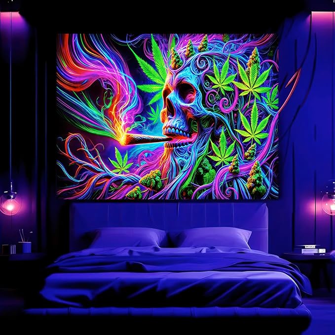 BlissYard Blacklight Cool Trippy Weed Marijuana Leaves Tapestry UV Reactive Skeleton Tapestry Smoking Skull Black Light Wall Tapestry Neon Psychedelic Tie Dye Stoner Poster Tapestry 59X78 IN