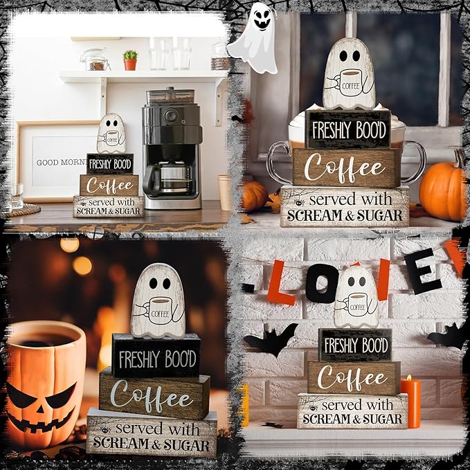 4 Pcs Halloween Table Decor Coffee Ghost Wooden Sign Halloween Tiered Tray Decor Farmhouse Ghost Tabletop Centerpiece Decorative Coffee Bar Block Signs for Home Office Kitchen Shelf