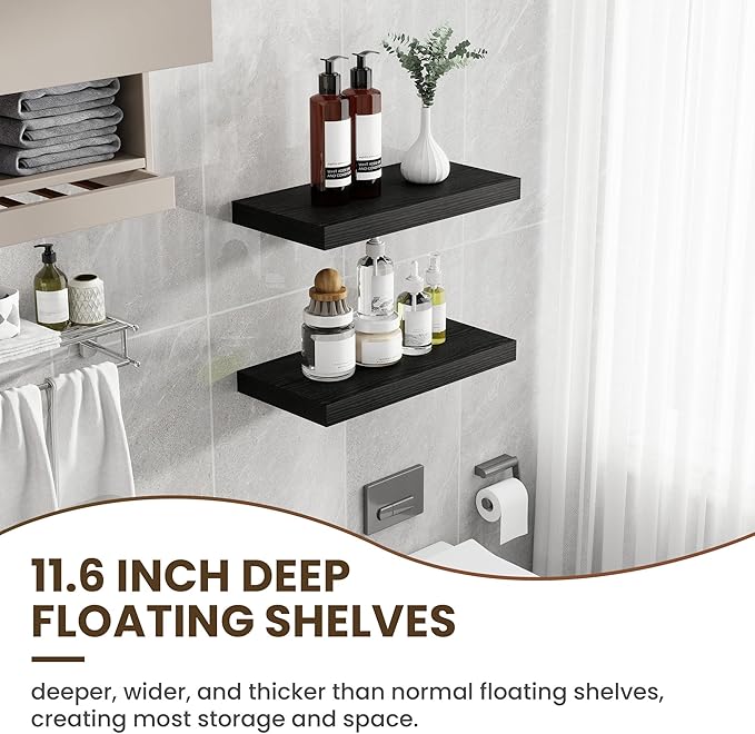 24 Inch Floating Shelves, 11.6 Inch Deep Floating Shelves for Wall, Floating Shelf with Invisible Brackets, Deep Shelves for Bathroom, Bedroom, Living Room, 2 Pack, Black