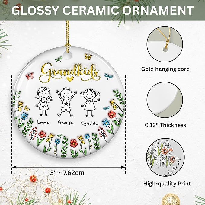 Grandkids Personalized Ceramic Ornament – Grandkids Christmas Ornament, Custom Holiday Keepsake, Family Tree Gift