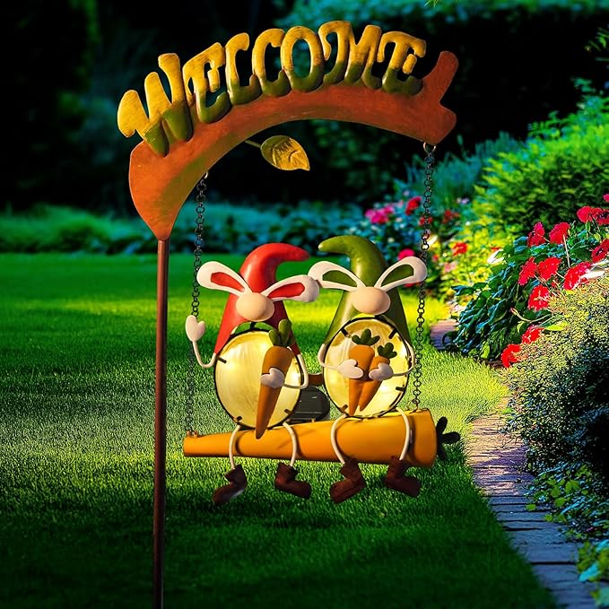 HONGLAND Solar Lights Outdoor Decor, Gnomes Swing Garden Decor, Funny Gardening Gifts for Women Mom, Gnome Outdoor Decorations with Welcome Sign for Front Porch Patio