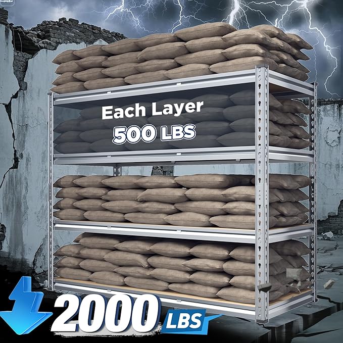 REIBII Garage Shelving, 4 Tier Storage Shelves Load 2000LBS, Adjustable Garage Shelving Heavy Duty, Metal Shelves Unit for Basement, Warehouse, 48" W x 60" H x 18" D, Galvanized