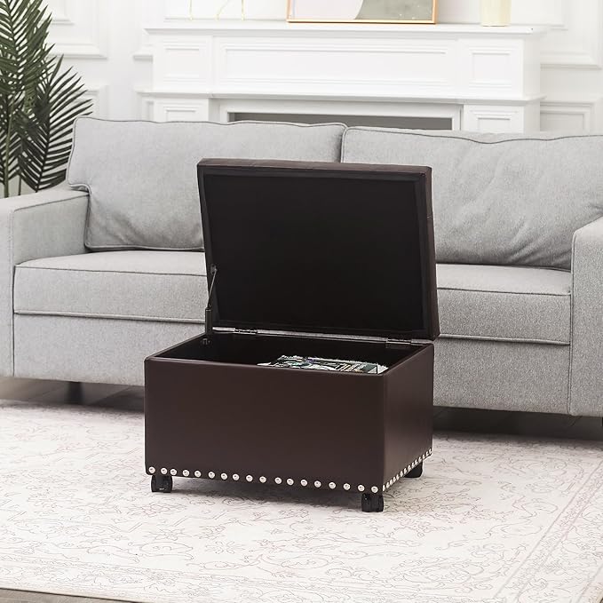 Joveco Leather Storage Ottoman with 360° Wheels 24" Rolling Foot Rest Bench Rectangle Ottomans Stool for Living Room Bedroom (Brown, Wheels)