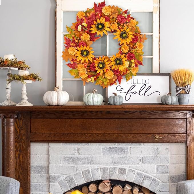 GENMOUS 24 Inch Fall Wreaths for Front Door, with Mini Pumpkin Skewers- Sunflower Wreath, Autumn Fall Decor Maple Leaf Daisy Thanksgiving Halloween Home Party Fall Decoration Indoor Oudoor