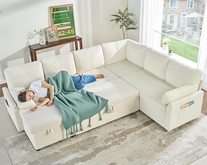 VanAcc Pull Out Sofa, 112 Inch Oversized U Shape Sleeper Sofa Couch with Storage Chaise & 3 Seater, Comfy Couch with Pull Out Bed for Living Room, White Boucle
