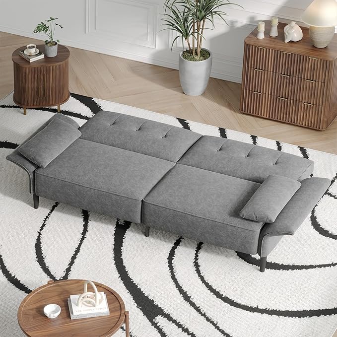 89” Futon Sofa Bed, Comfy Futon Couch Bed with 2 Square Pillows, Convertible Sleeper Sofa with Adjustable Backrest& Armrests, Modern Loveseat Sleeper for Living Room, Bedroom, Light Gray
