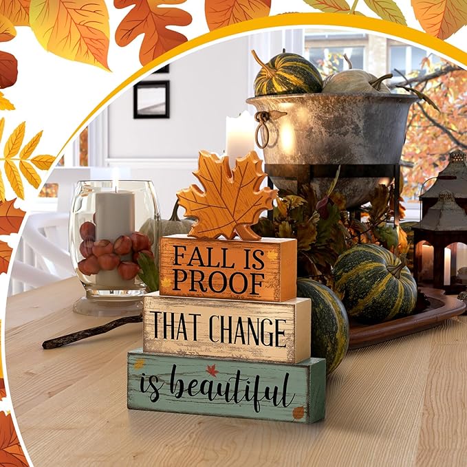 4 Pcs Fall Decoration for Home Wooden Maple Leaf Fall Tiered Tray Decor Thanksgiving Table Centerpiece Rustic Decorative Maple Leaf Block Signs Farmhouse Autumn Decoration for Home Kitchen