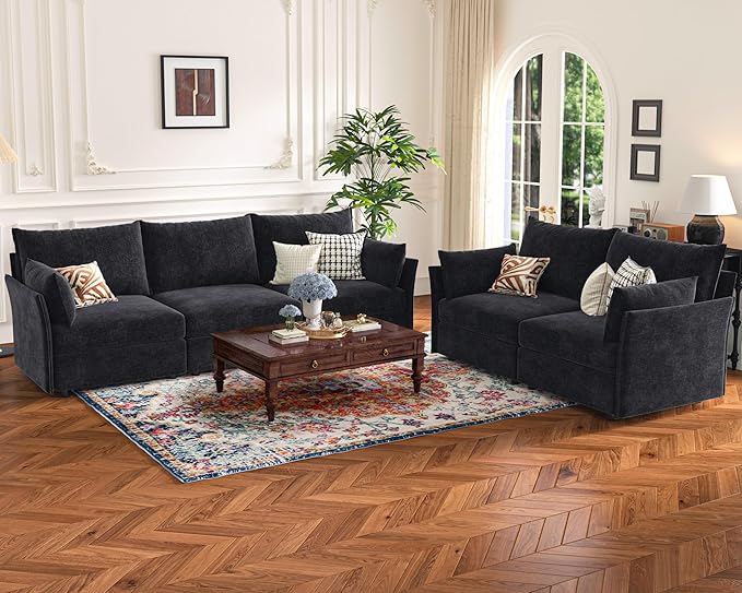 Luxury Modular Sectional Sofa, L-Shaped 3-Seat Couch with Storage Ottoman Deep Seat & Reversible Chaise Lounge Chenille Black for Compact Spaces, Apartments, Dorm