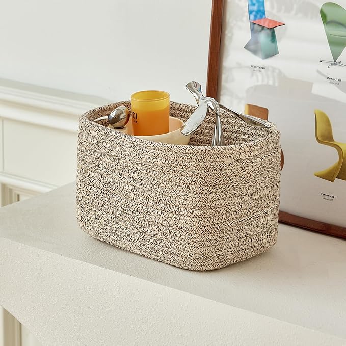 Small Cotton Rope Storage Basket Set of 3-11"x7"x7" Perfect Woven Baskets for Storage, Ideal Storage Baskets for Organizing Toys, Towels, and More - Baskets for Shelves and Home Decor（Beige）
