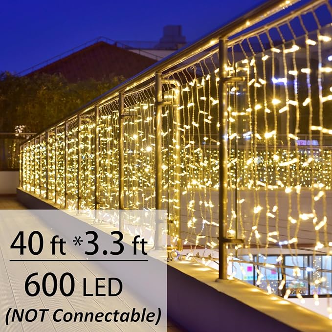 Solhice LED Curtain Lights Outside 40ft x 3ft for Backyard, 600 LED Plug in Hanging Fence String Lights Outdoor Waterproof for Backdrop Backyard Patio Deck Décor, Warm White (Not Connectable)