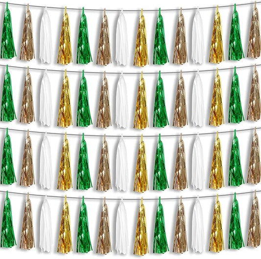 4P Sage-Green Beige-Mint Gold Foil Fringe Metallic Tassel Garland Banner, Tassels Banner Streamers for Parade Floats, Bachelorette, Wedding, Birthday, Christmas, Bridal/Baby Shower Party Decorations