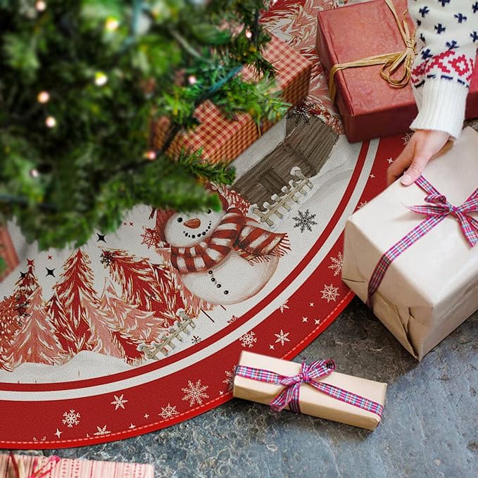 AVOIN colorlife Snowflake Snowman Cardinal Christmas Tree Skirt 36 Inch, Winter Holiday Tree Mat Decoration Red