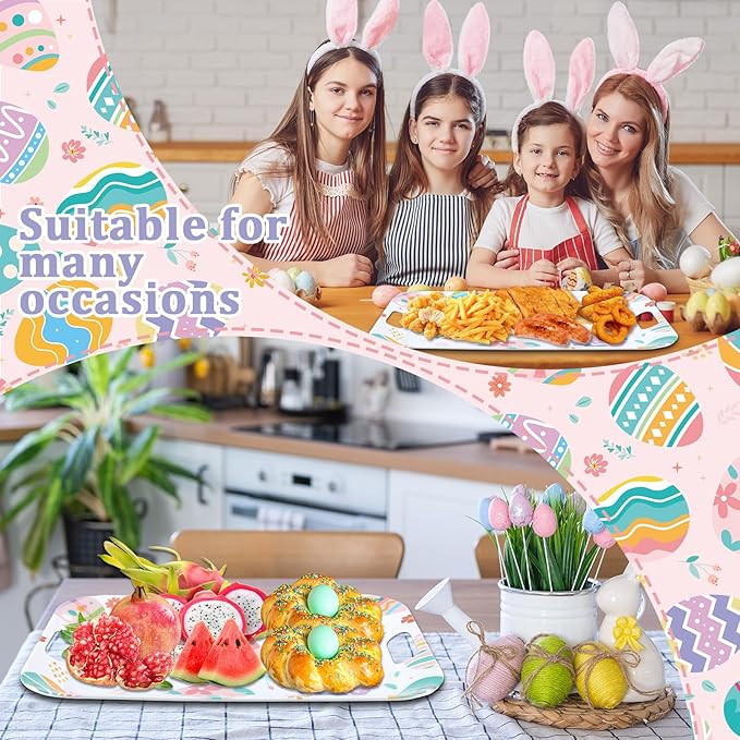 gisgfim 2Pcs Easter Serving Trays 16 X 11 Inch Large Melamine Easter Colorful Egg Trays Platters with Handles Reusable Spring Easter Food Trays for Snacks Birthday Decors Easter Day Party Supplies