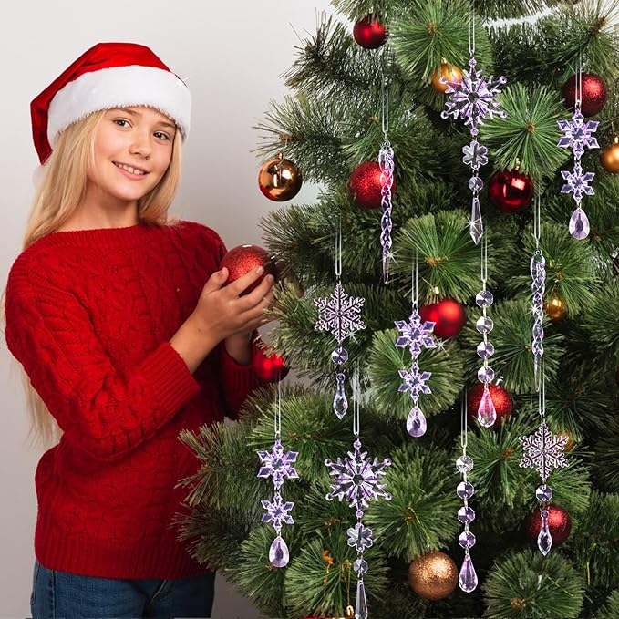 32pcs Crystal Christmas Ornaments for Christmas Tree Decorations-Purple Hanging Acrylic Snowflake and Icicle Ornaments with Drop Pendants for Xmas Winter Wonderland New Year Party Decorations Supplies