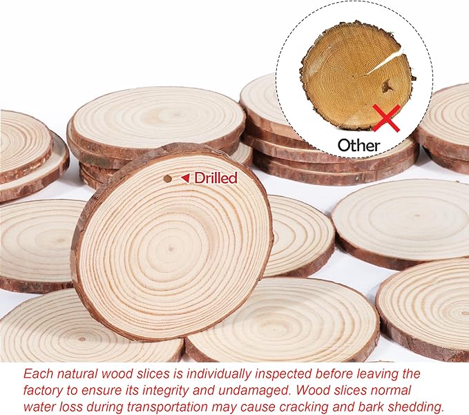 30 Pcs Wood Slices For Crafts, 1.7"-2.3” Pre-Drilled Holes Wood Rounds, 66 Feet Twine String, Wooden Circles For Crafts Burning Painting Diy Crafts Christmas Wedding Party Wedding Decor Party