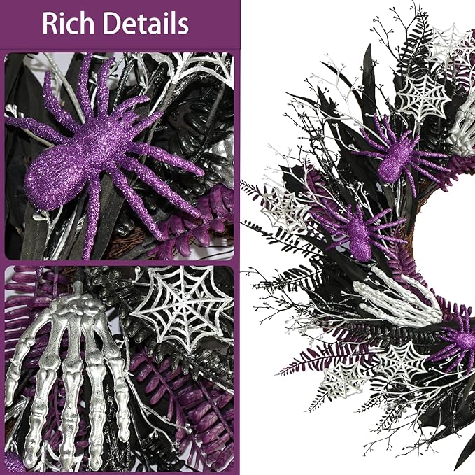Halloween Decorations, Halloween Wreaths for Front Door 20", Purple Spiders Silver Skeleton Hands Black Leaves Halloween Decor for Doors Porch Wall, Gothic Party Horror Room Decor