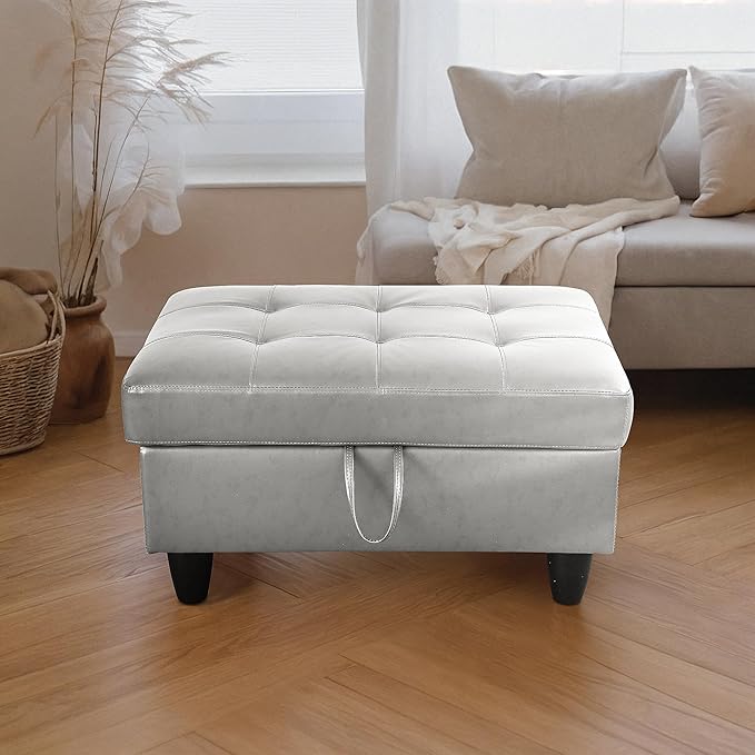 Ottoman Rectangular Storage Ottoman Bench, Faux Leather Footrest, Coffee Table, Stool Footstool with Hinged Lid for Living Room, Bedroom, Entryway, Silver, 35"x23.5"x17.5"