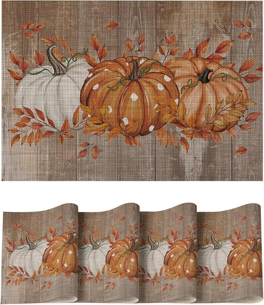 Artoid Mode Wood Pumpkin Leaves Fall Vinyl Placemats Set of 4, Wipeable Woven PVC Table Mats for Thanksgiving Farmhouse Party Kitchen Dining Decor