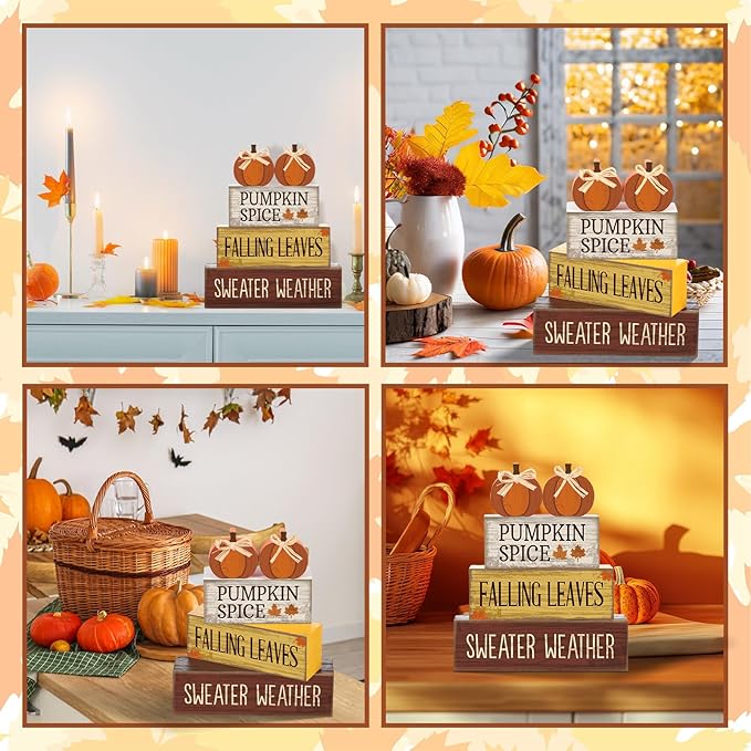 4 Pcs Fall Pumpkin Decor Fall Table Decoration Thanksgiving Tiered Tray Decor Thanksgiving Centerpiece Rustic Decorative Pumpkin Block Sign Gift Farmhouse Autumn Table Sign for Home Kitche