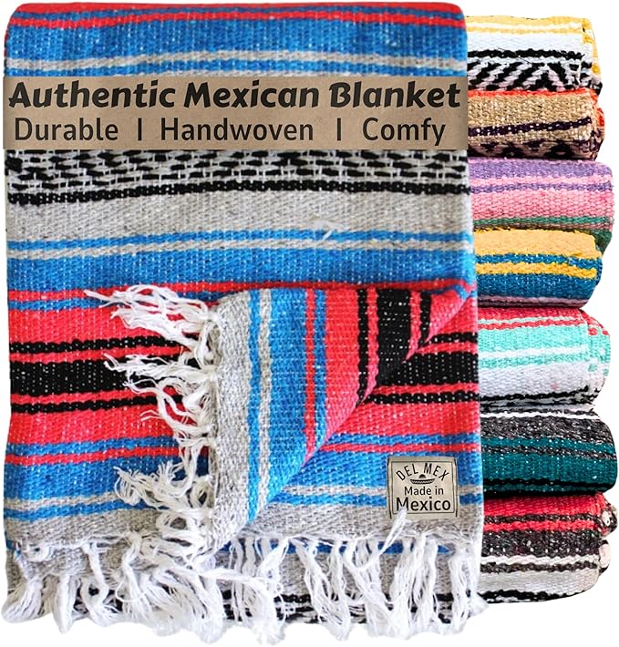 Del Mex Classic Mexican Blanket, Large Authentic Woven Falsa Throw (70"x50"), Artisan Southwest Décor for Beach, Yoga, Outdoors (Salmon/Blue)