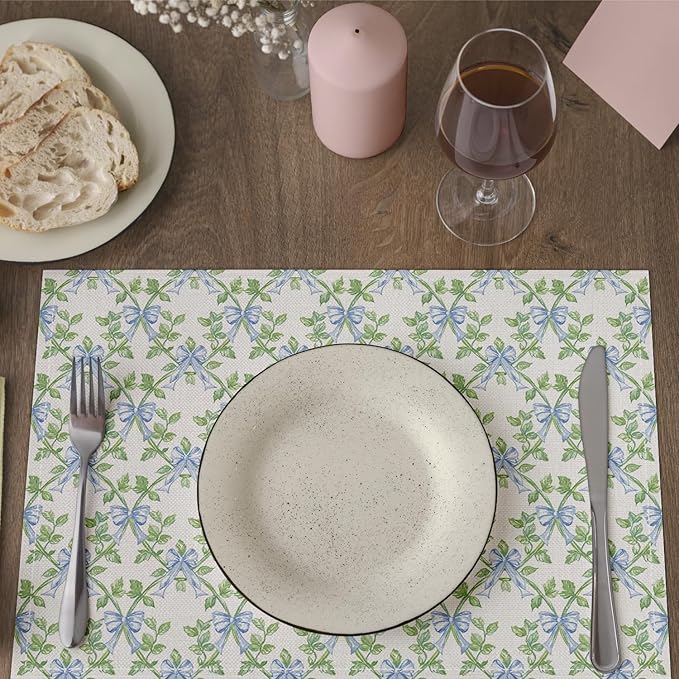 Green Leaf Placemats Set of 4, Blue Bow Table Mat for Home Kitchen, Restaurants, Outdoor Linen Washable Place Mats 12x18 inch Party Event Dining Decoration-01