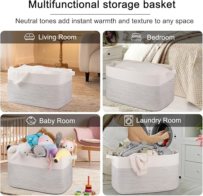 OIAHOMY 95L Blanket Basket, 24”x17”x14”, Large Woven Baskets for Storage, Nursery Cotton Rope Basket with Handle, Living Room, Nursery, Bedroom,Toy Baskets Organizer Bins, Black and White