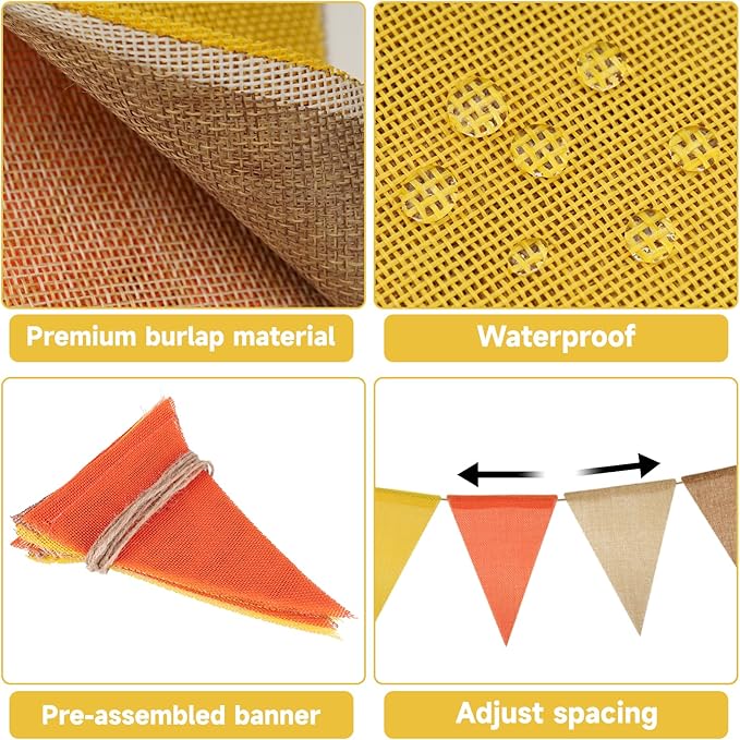 G2PLUS Pre-Strung Burlap Pennant Banner, 39Ft Orange Yellow Triangle Flag Bunting, 36pcs Pennant Banner Flags Garland for Fall, Thanksgiving, Farmhouse and Party Decor