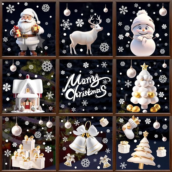 251PCS Christmas Window Clings Stickers for Glass, Xmas Decals Decorations Holiday Snowflakes Santa Snowman Gift and Reindeer Winter Wonderland Decals for Party