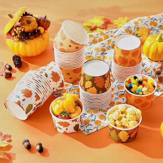 100 Pcs 9oz Fall Paper Bowls Treat Snack Cups Autumn Ice Cream Dessert Bowl Thanksgiving Pumpkin Maple Leaf Treat Snack Cup for Hot or Cold Food Thanksgiving Party Favor Supplies