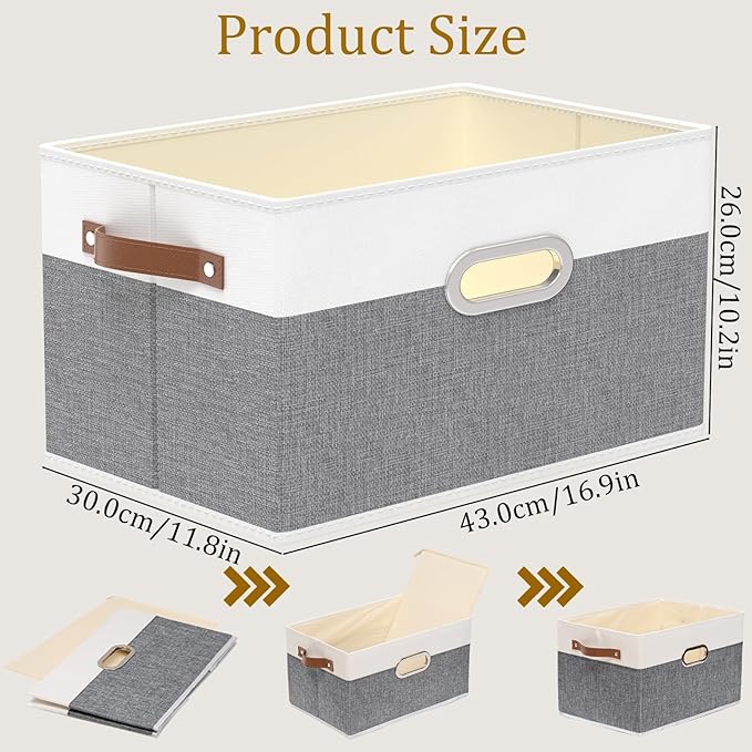 Yawinhe Fabric Storage Bins with Handles, Foldable Baskets for Shelves, Cubes with 3 Handles, Large Boxes for Clothes, White/Grey, 16.9''Lx11.8''Wx10.2''H, 6-Pack