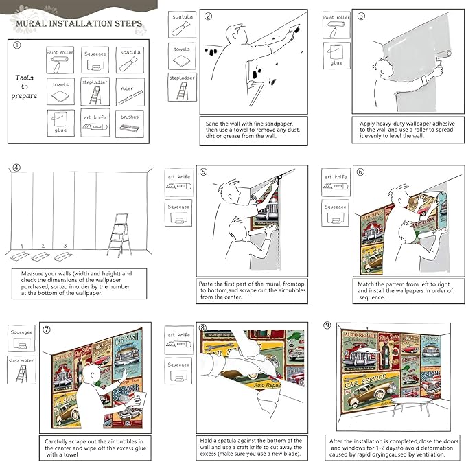 AFZEVEB-Car Poster Wallpaper Vintage Wall murals for Bedroom 114"x74" (Not Peel and Stick)