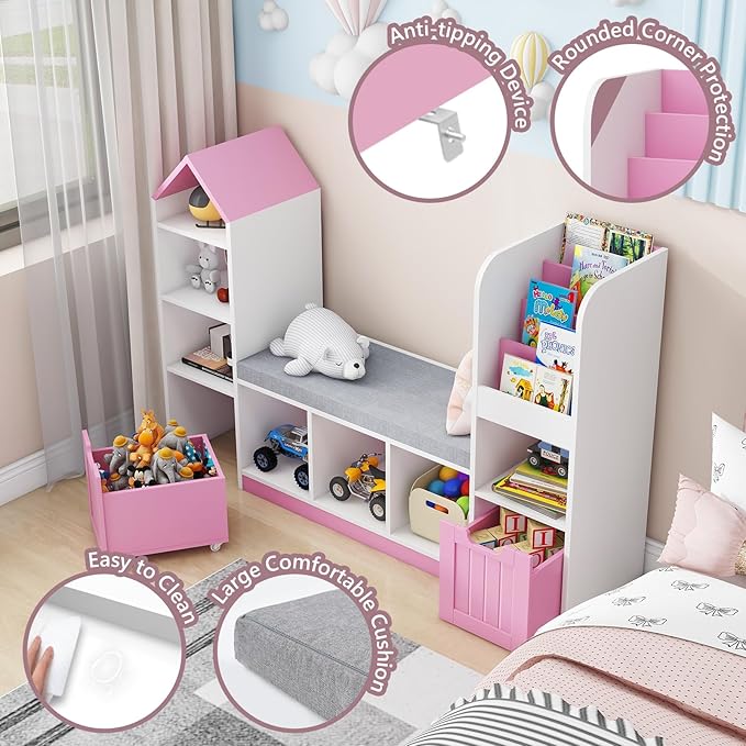 Toy Storage Organizer for Kids Bookshelf with Reading Nook, Multifunctional Kids Bookcase with 7 Storage Cubbies, 2 Movable Drawers and Seat Cushion for Keeping Kids' Toys Books Organized, Pink