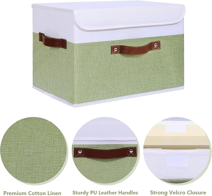 ANMINY 4PCS Storage Boxes with Lid Washable Decorative Storage Bins Basket with PU Leather Handle Foldable Linen Fabric Storage Cubes Containers for Home Closet Organizer - Green White, Large Size