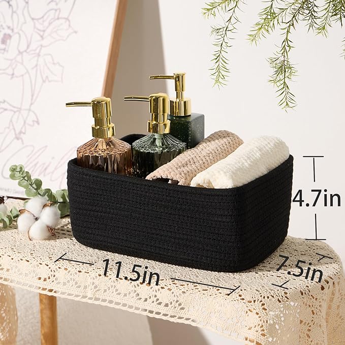 Small Storage Baskets for Organizing | Closet Organizer Bins | Shelf Toy Basket | Woven Rope Baskets | Cube Decorative Box | Shallow Basket | 11.5x7.5x4.7” | 3 Packs Black