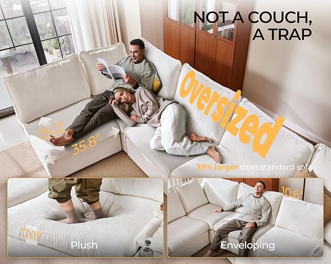 Oversized Modular Sofa Comfy Cloud Couch with Storage, Extra Deep Plush Sectional Sofa Set for Living Room, Covers Washable, Chenille, Olar (White, 6-Seater with 2 Corners, u-Shaped)