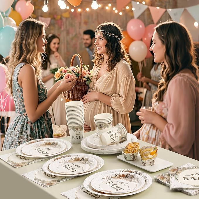 168 Pcs Boho Its A Girl Baby Shower Decorations, Boho Baby Shower Plates and Cups and Napkins Sets, for Baby In Bloom Oh Baby Western Girl, Summer Fall Woodsy Rustic Neutral, Serves 24