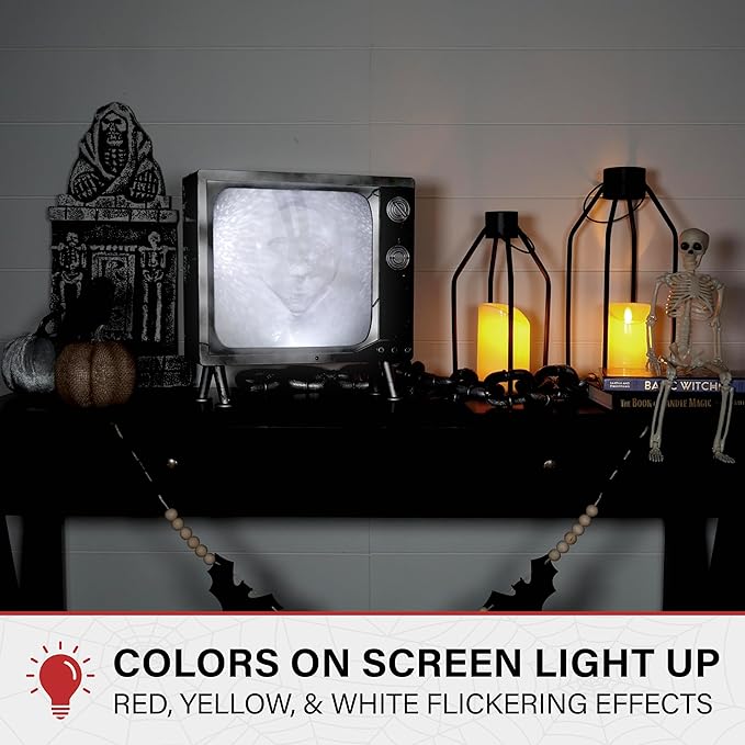 Haunted Hill Farm Haunted TV by Tekky, Battery-Operated, Motion Activated Animatronic Television with Sound Effects and Lights for Indoor or Covered Outdoor Creepy Halloween Decoration, 11" Haunted Tv