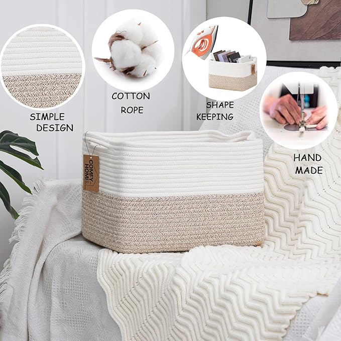 COMFY-HOMI Cotton Rope Woven Basket with Handles for Shelves,Toys,Book, Cloth Storage Baskets for Organizing-13.5" x 11" x 9.5" Toy Decorative Organizer for Living Room, Bathroom （White/Brown）