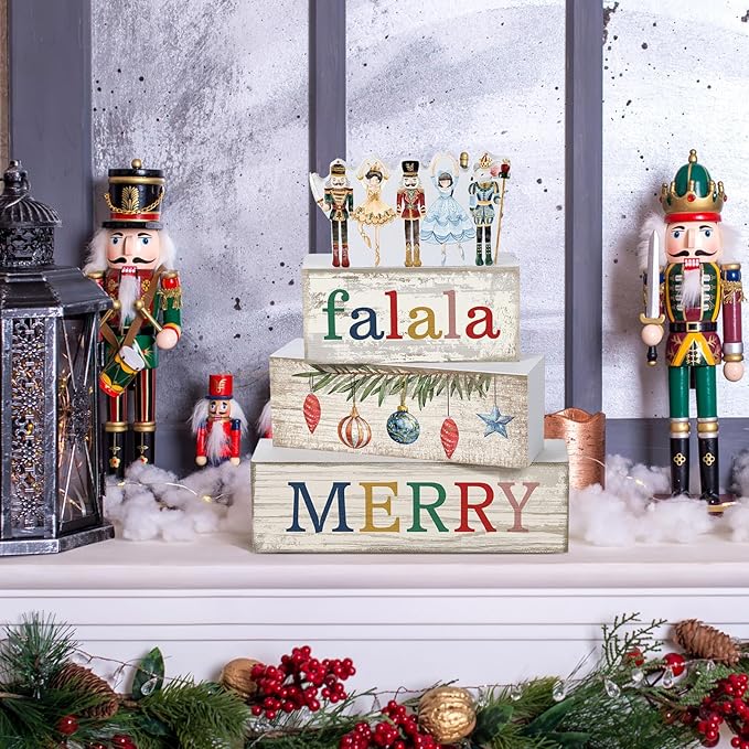 4 Pcs Christmas Table Decorations Wooden Nutcracker Fairy Ballet Merry Christmas Table Centerpiece Decorative Soldier Fairy Ballet Block Signs Gift for Xmas Home Kitchen Tier Tray Decor
