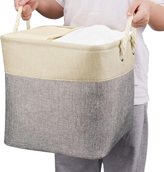 i BKGOO 3Pack Large Foldable Storage Bins，Collapsible Sturdy Cationic Fabric Organizing Storage Basket Cube with Cotton Handles for Home Office Shelf Clothes Toys Khaki-Grey 13×13×13 inch