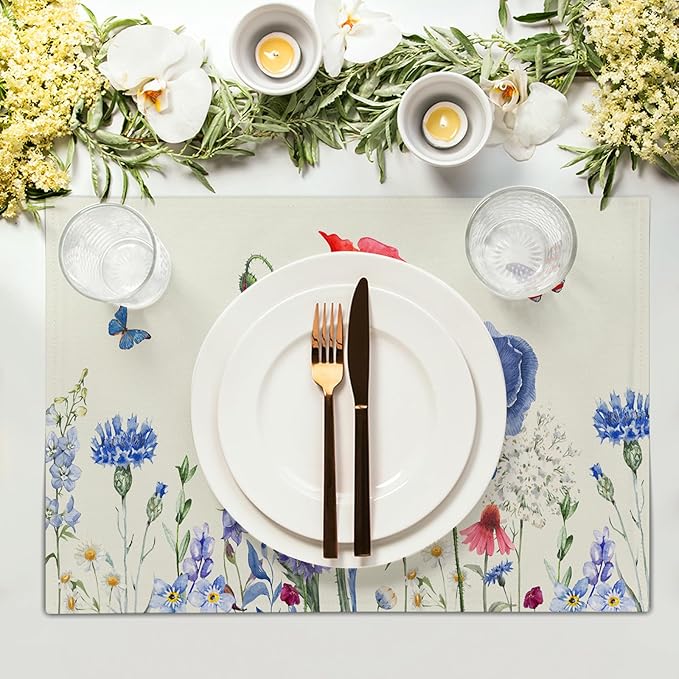 4th of July Placemats Set of 4 Red Blue Floral Patriotic Washable Non-Slip Heat Resistant Place Mats America Memorial Day Independence Day Table Mats 12x18 Inch