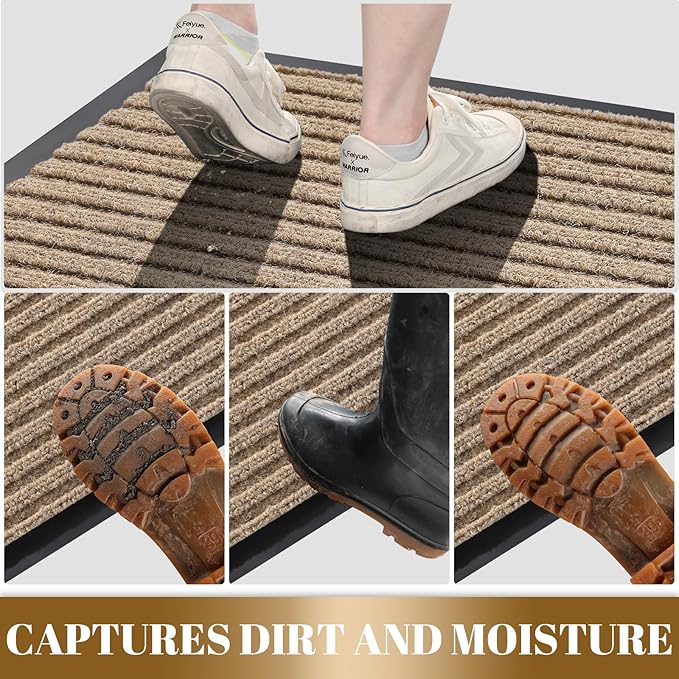 Yimobra Front Door Mat Outdoor Indoor Entrance, 100% Waterproof All-Season All Weather Doormat, Welcome Matt Outside Entry, Non Slip, Low Profile, Heavy Duty Patio Porch Floor Mats,47 x 32,Khaki