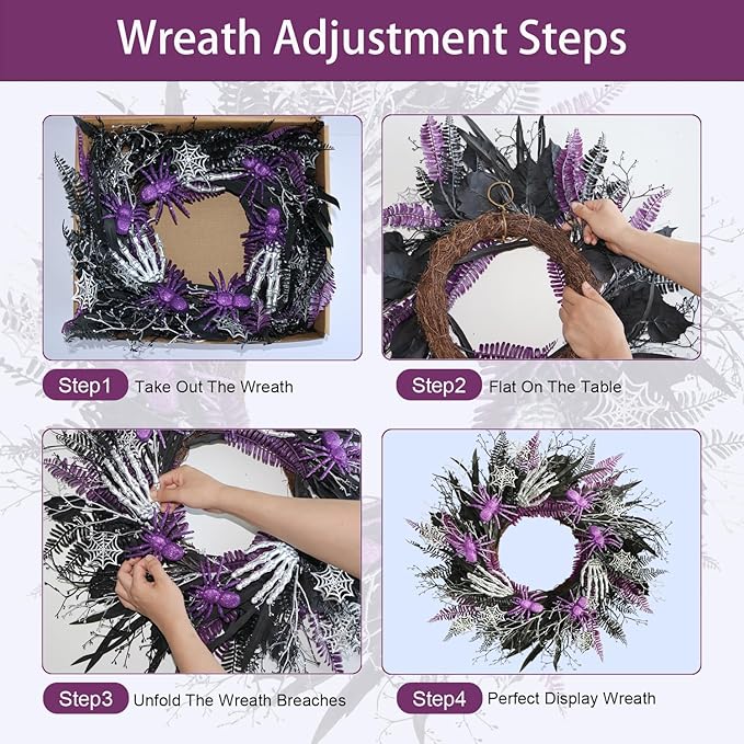Halloween Decorations, Halloween Wreaths for Front Door 20", Purple Spiders Silver Skeleton Hands Black Leaves Halloween Decor for Doors Porch Wall, Gothic Party Horror Room Decor